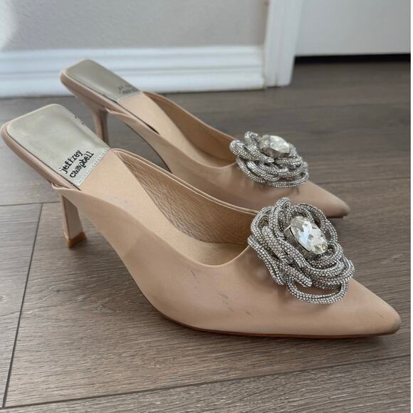 Jeffrey Campbell x REVOLVE Viviana Mules Satin Creme‎ Rhinestones 7 Kitten Heel - Picture 2 of 7